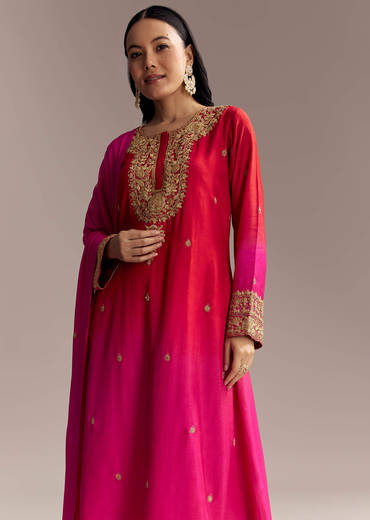 Red Ombre Silk Anarkali Suit With Zari Work