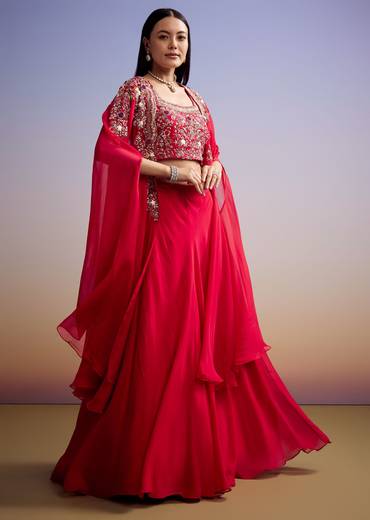 Red Organza Crop Top And Skirt Set With Embroidered Cape