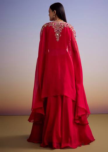 Red Organza Crop Top And Skirt Set With Embroidered Cape