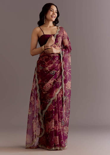 Wine Organza Saree With Floral Print And Hand Embellished Border