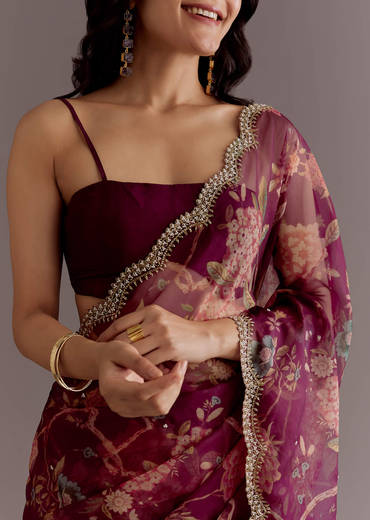 Wine Organza Saree With Floral Print And Hand Embellished Border