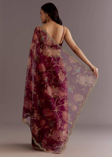 Wine Organza Saree With Floral Print And Hand Embellished Border
