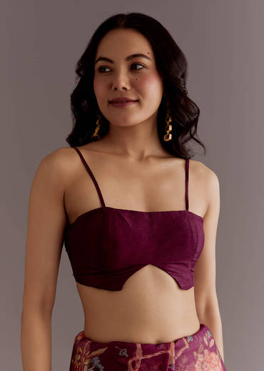 Wine Organza Saree With Floral Print And Hand Embellished Border