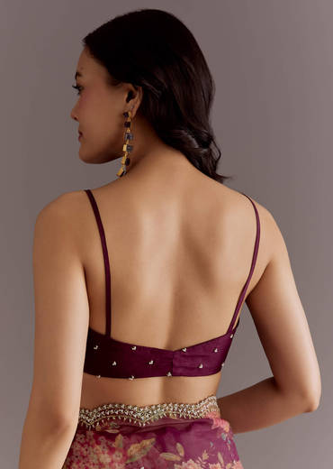 Wine Organza Saree With Floral Print And Hand Embellished Border