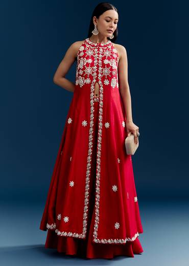 Red Palazzo Suit With Mirror And Moti Work Front Slit Kurta