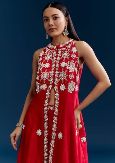 Red Palazzo Suit With Mirror And Moti Work Front Slit Kurta