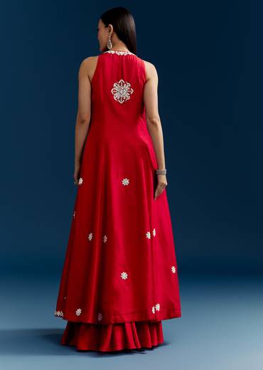 Red Palazzo Suit With Mirror And Moti Work Front Slit Kurta