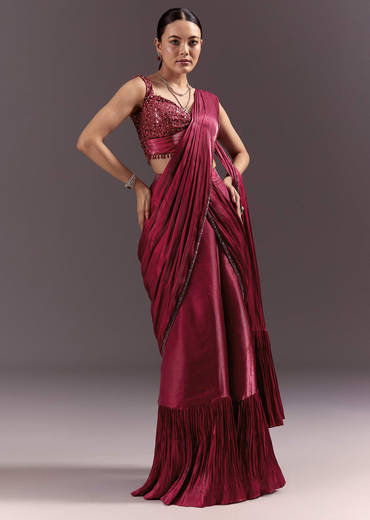 Red Pre Stitched Saree With Sleeveless V Neck Blouse