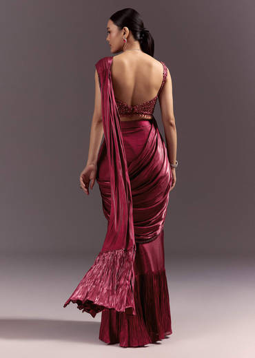 Red Pre Stitched Saree With Sleeveless V Neck Blouse