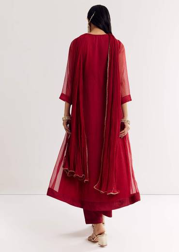 Red Printed Chiffon Sequin Kurta Set With Dupatta