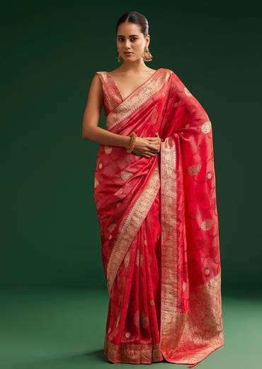 Red Saree With Zari Motif and Heavy Embroidered Blouse