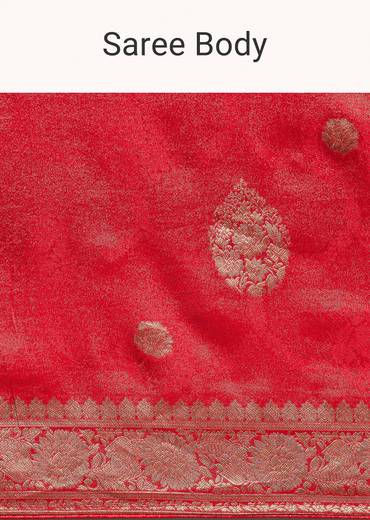 Red Saree With Zari Motif and Heavy Embroidered Blouse