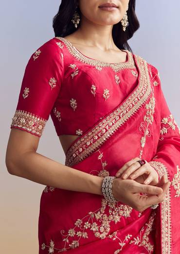 Red Satin Saree With Full Jaal Embroidery