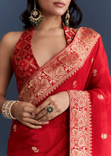 Red Satin Woven Saree With Floral Motif Work