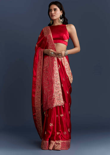 Red Satin Woven Saree With Zari Work