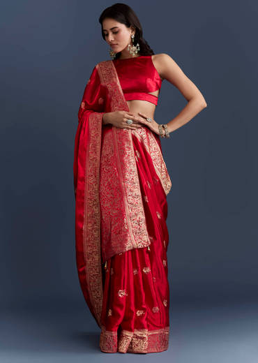 Red Satin Woven Saree With Zari Work