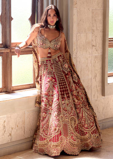 Red Silk Bridal Lehenga With Heavy Sequins And Stones Work