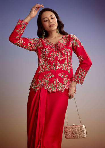 Red Silk Crop Top And Drape Skirt With Resham Work