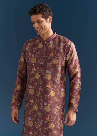 Red Silk Floral Kurta Set For Men With Mirror Embroidery