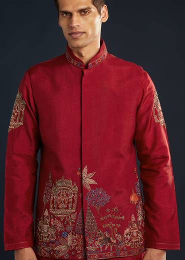 Red Silk Jacket Kurta Set With Cutdana Work