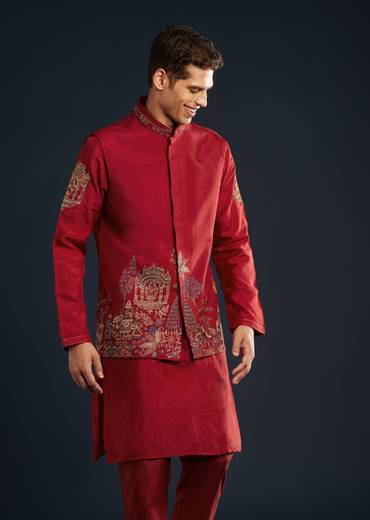 Red Silk Jacket Kurta Set With Cutdana Work