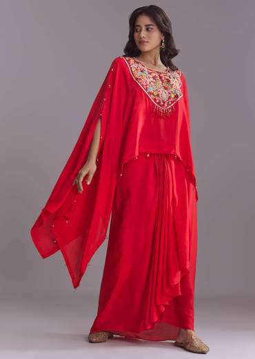 Red Silk Kaftan Top And Drape Skirt Set With Embroidery