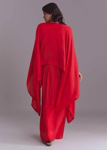 Red Silk Kaftan Top And Drape Skirt Set With Embroidery