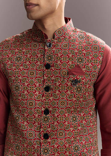 Red Silk Kurta Jacket Set For Men With Hand Block Ajrakh Print