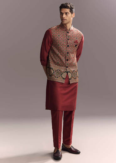 Red Silk Kurta Jacket Set For Men With Hand Block Ajrakh Print
