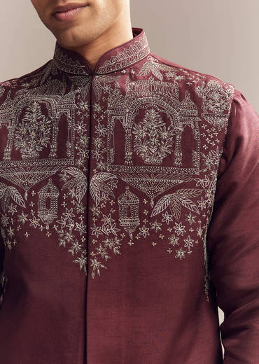 Red Silk Kurta Jacket Set For Men With Heavy Hand Work
