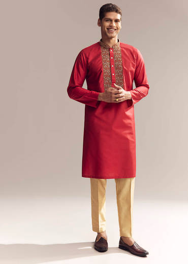 Red Silk Kurta Set For Men With Aari And Resham Knots