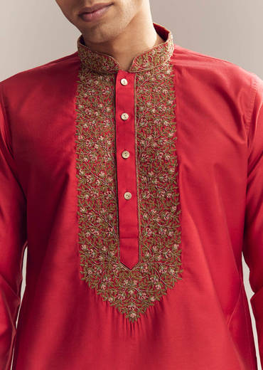 Red Silk Kurta Set For Men With Aari And Resham Knots