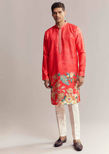 Red Silk Kurta Set For Men With Floral Print
