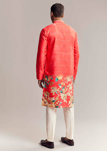 Red Silk Kurta Set For Men With Floral Print