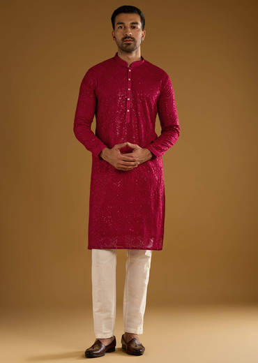 Red Silk Kurta Set For Men With Intricate Hand Embroidery