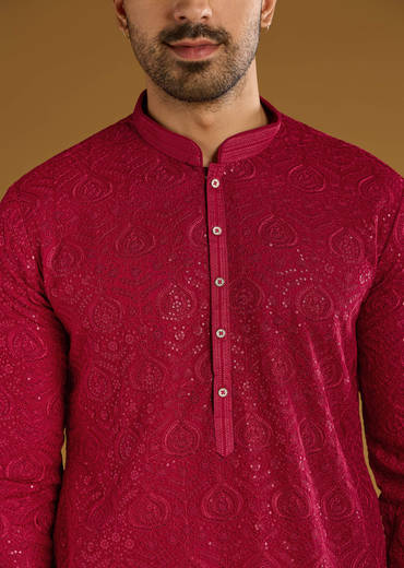 Red Silk Kurta Set For Men With Intricate Hand Embroidery