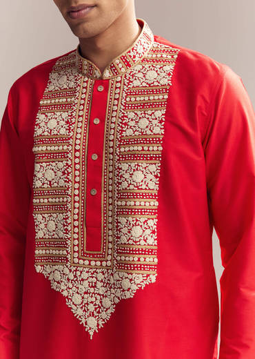 Red Silk Kurta Set For Men With Kashmiri Hand Work