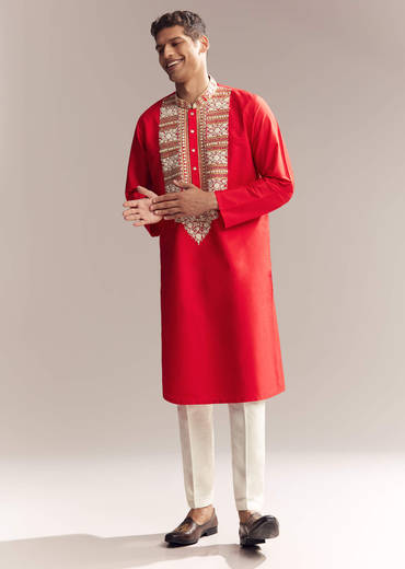 Red Silk Kurta Set For Men With Kashmiri Hand Work