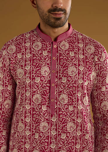 Red Silk Kurta Set For Men With Resham Embroidery