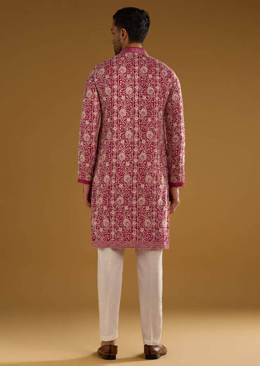 Red Silk Kurta Set For Men With Resham Embroidery