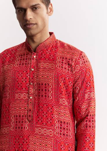 Red Silk Kurta Set With Mandarin Collar