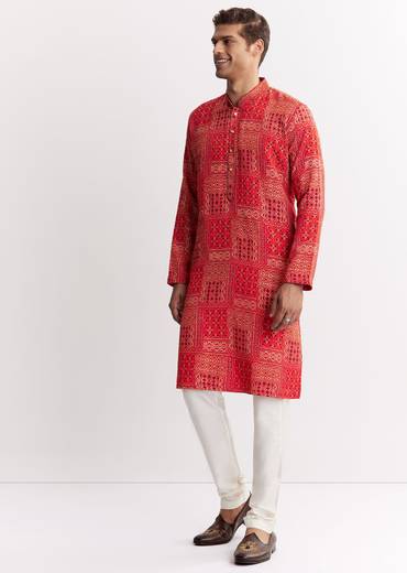 Red Silk Kurta Set With Mandarin Collar