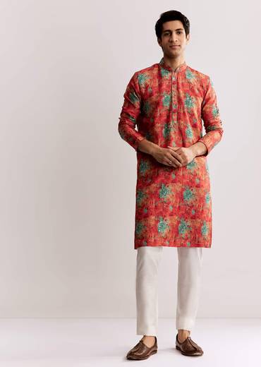Red Silk Kurta Set With Sequins Embroidery