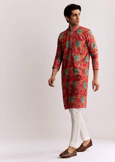 Red Silk Kurta Set With Sequins Embroidery