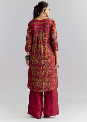 Red Silk Printed Co Ord Set With Heavy Embroidery