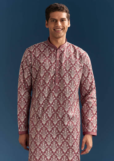 Red Silk Kurta Set For Men With Thread Embroidery