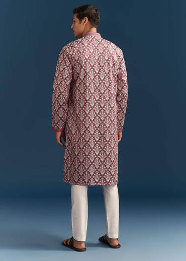 Red Silk Kurta Set For Men With Thread Embroidery