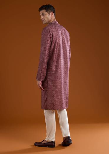 Red Silk Resham Embroidered Mens Kurta Pant Set