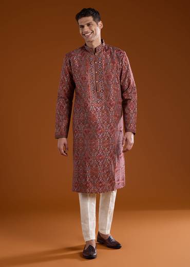 Red Silk Resham Motif Mens Kurta Pant Set