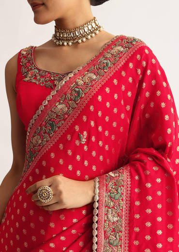 Red Silk Saree With Embroideed Border And Pallu